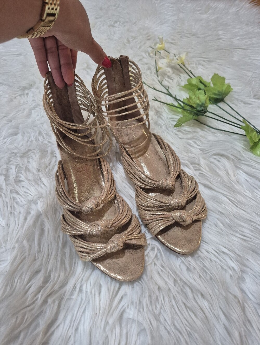 Loeffler Randall Metallic Gold Knotted Strappy High-Heel Sandals Size 8.